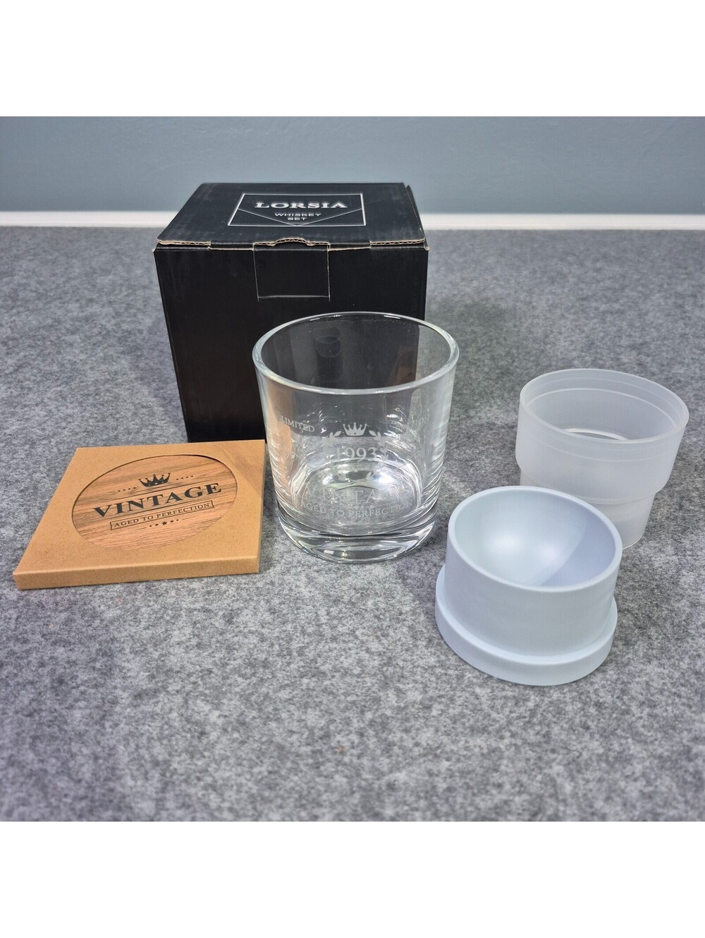 Lorsia Whiskey Glass, Ice Mold, and Coaster Gift Party Christmas Set New